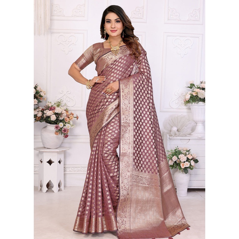 Purple Organza Saree With Blouse Piece - JD986587250