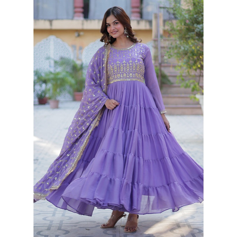 Purple Readymade Georgette Dupatta Indian Dress - JD986587228