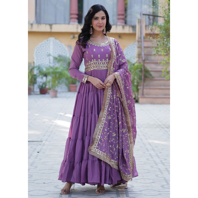 Purple Readymade Georgette Dupatta Indian Dress - JD986587229