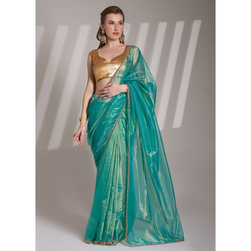 Rama Net Saree With Blouse Piece - JD986587149
