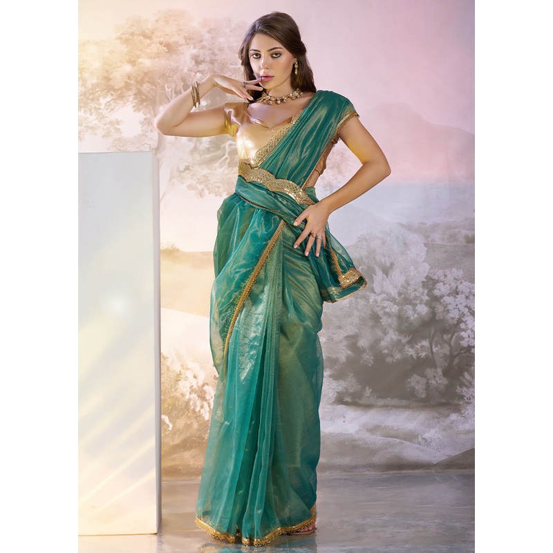 Rama Net Saree With Blouse Piece - JD986587150
