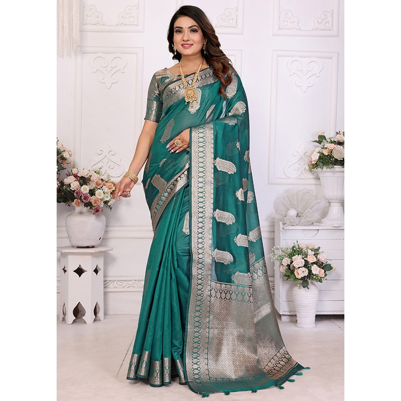 Rama Organza Saree With Blouse Piece - JD986587148
