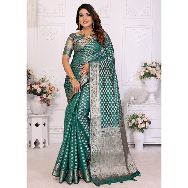 Rama Organza Saree With Blouse Piece - JD986587245