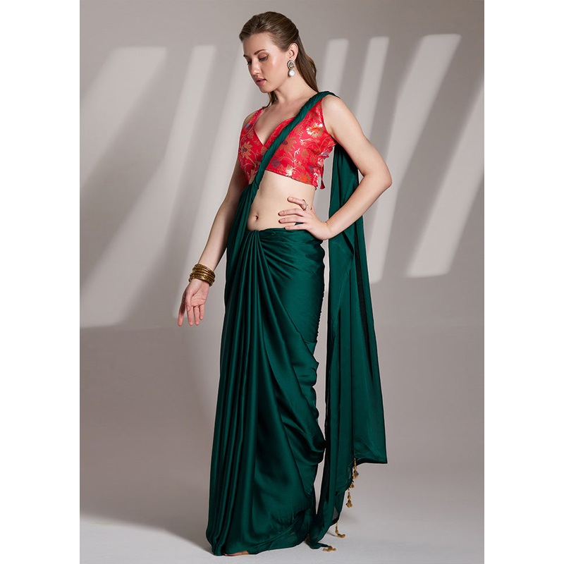 Rama Satin Silk Saree With Blouse Piece - JD986587147