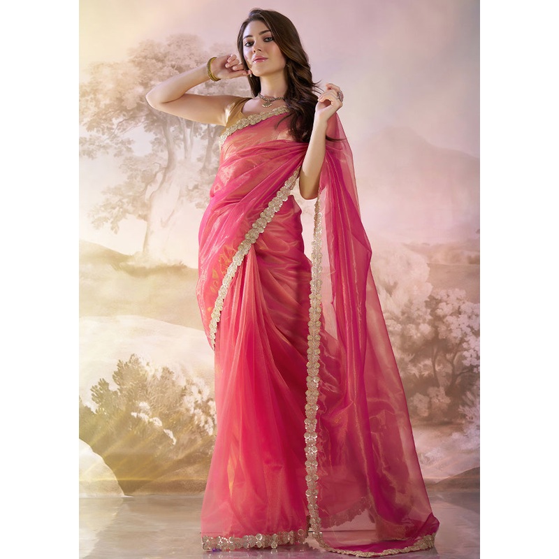 Red Net Saree With Blouse Piece - JD986587144