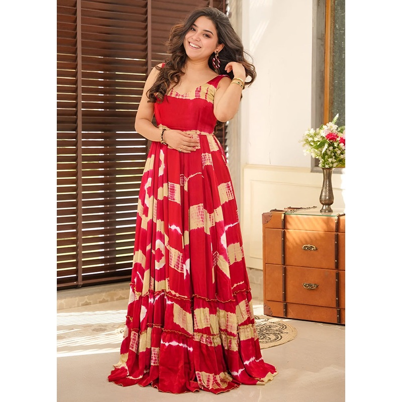 Red Readymade Rayon Indian Dress - JD986587159