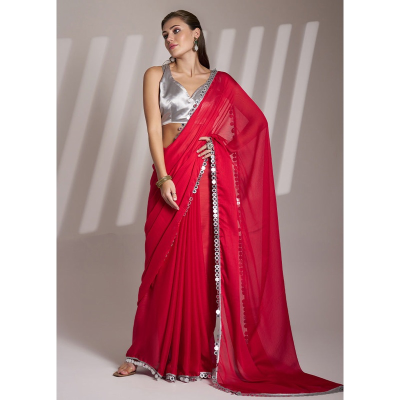 Red Satin Silk Saree With Blouse Piece - JD986587143