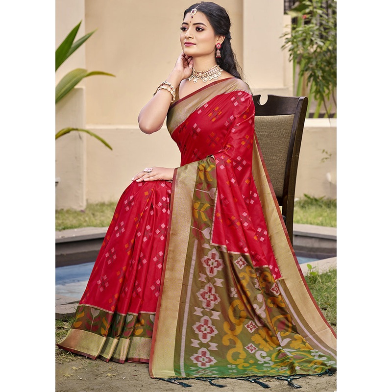 Red Spun Silk Saree With Blouse Piece - JD986587194