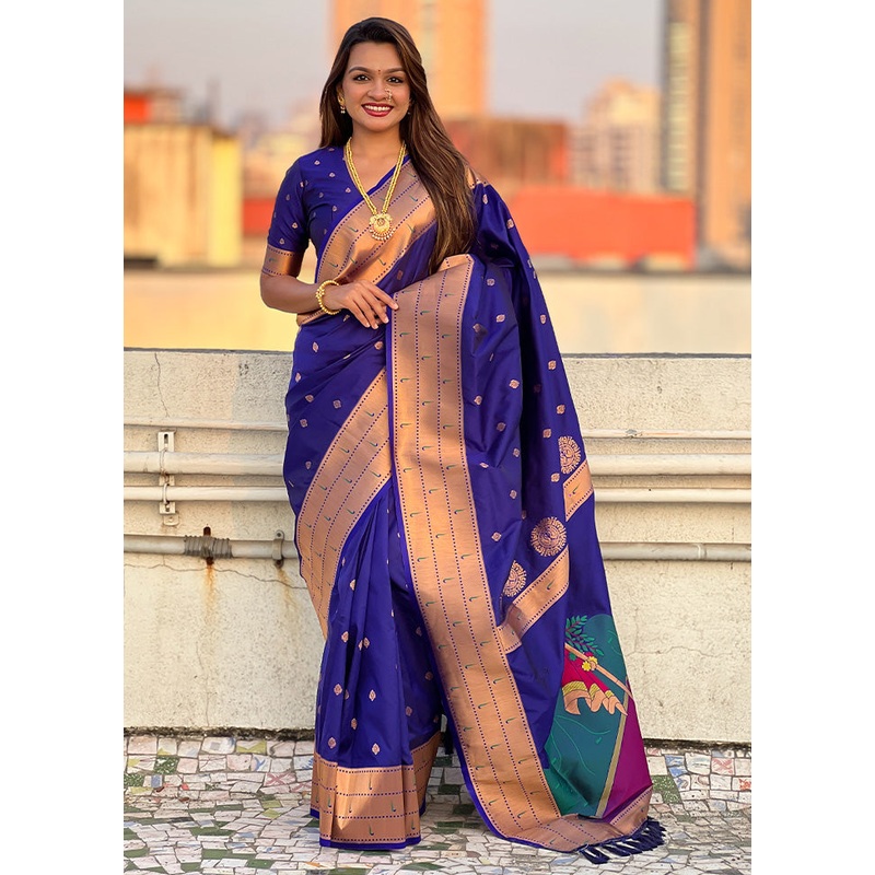 Royal Blue Spun Silk Saree With Blouse Piece - JD986587243