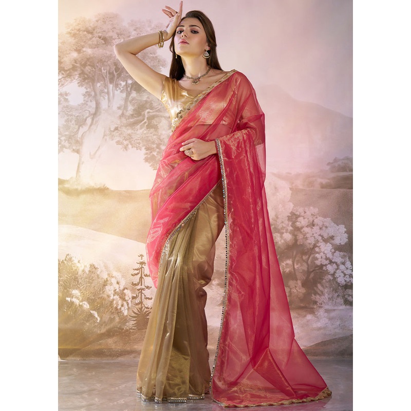 Rust Net Saree With Blouse Piece - JD986587142