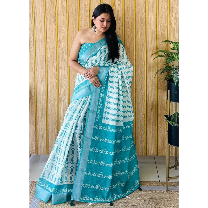 Sea Green Cotton Saree With Blouse Piece - JD986587141