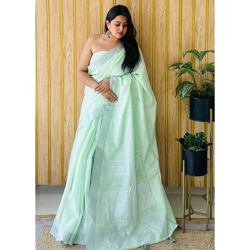 Sea Green Linen Silk Saree With Blouse Piece - JD986587140