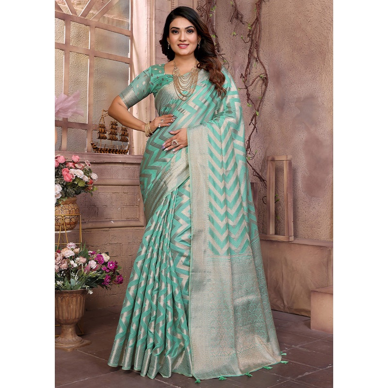 Sea Green Organza Saree With Blouse Piece - JD986587139