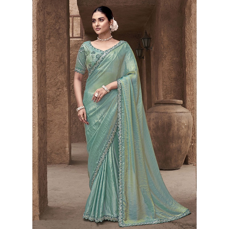 Sea Green Satin Silk Saree With Blouse Piece - JD986587242