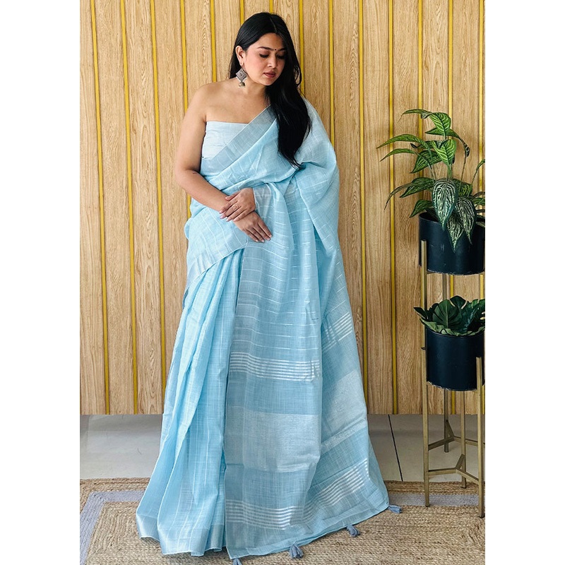 Sky Blue Linen Silk Saree With Blouse Piece - JD986587138
