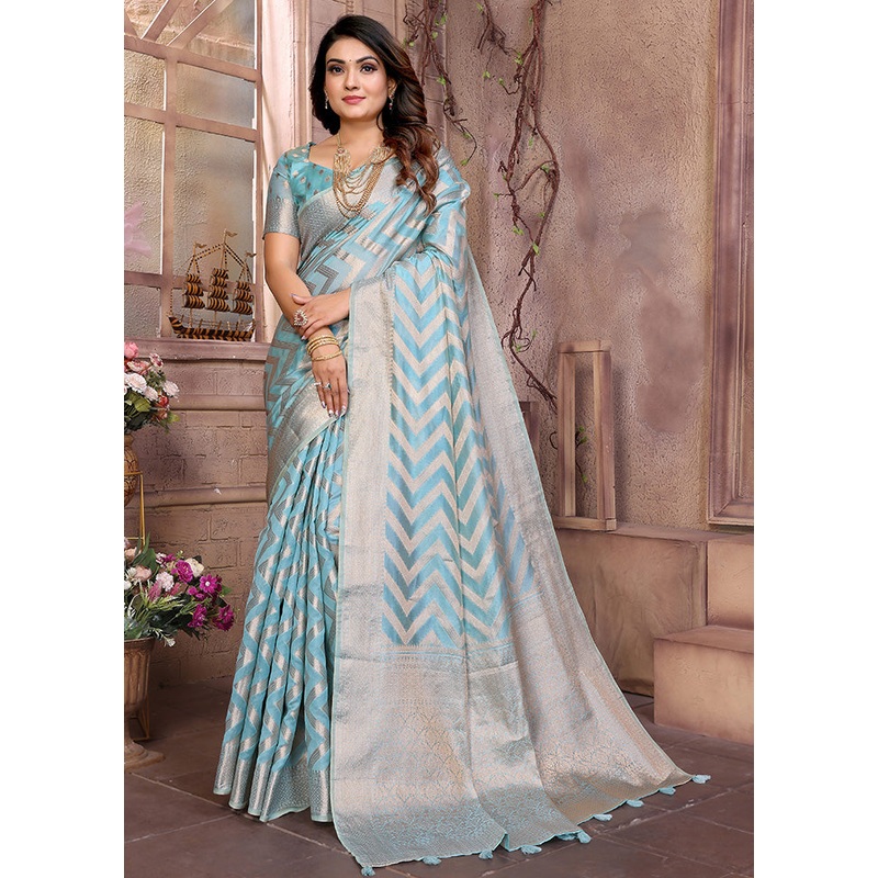 Sky Blue Organza Saree With Blouse Piece - JD986587137