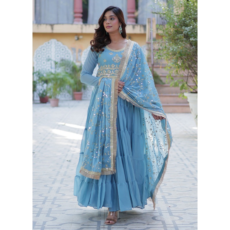 Sky Blue Readymade Georgette Dupatta Indian Dress - JD986587227