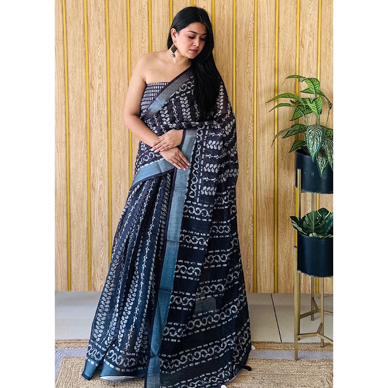 Teal Cotton Saree With Blouse Piece - JD986587136