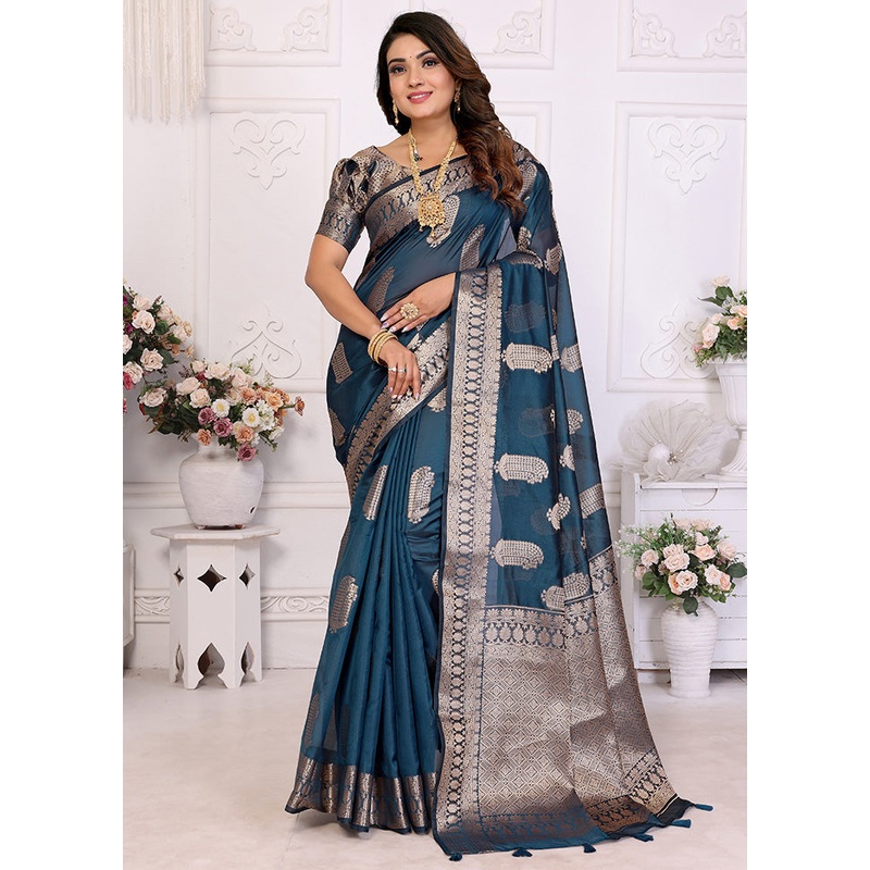 Teal Organza Saree With Blouse Piece - JD986587135