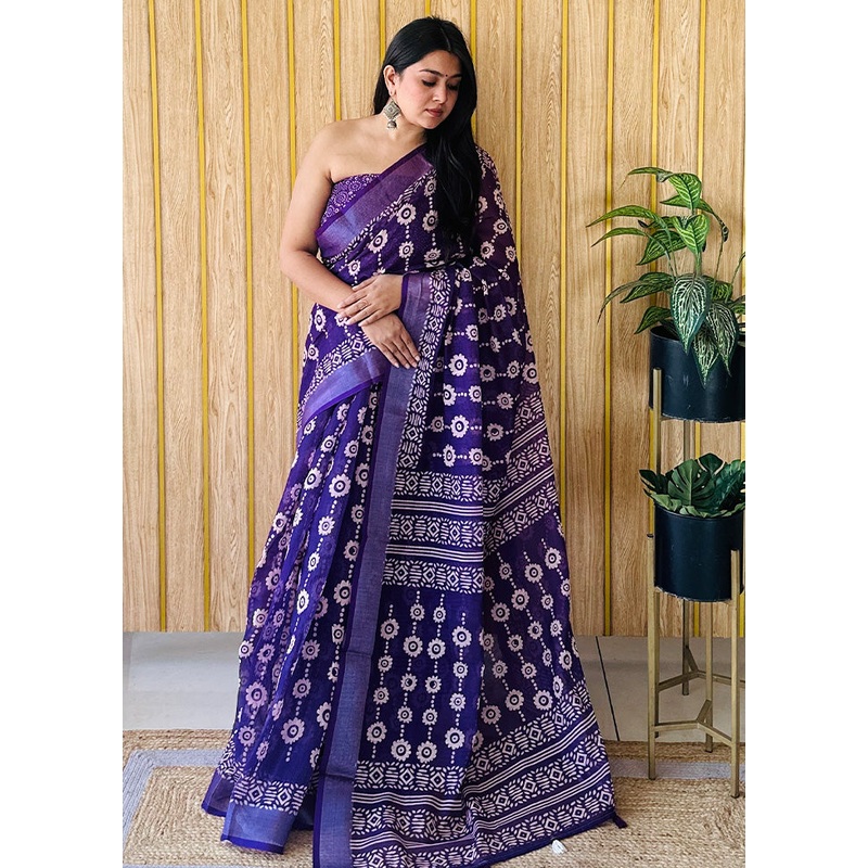Voilet Cotton Saree With Blouse Piece - JD986587134