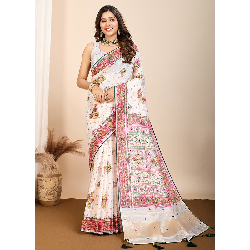White Cotton Saree With Blouse Piece - JD986587240