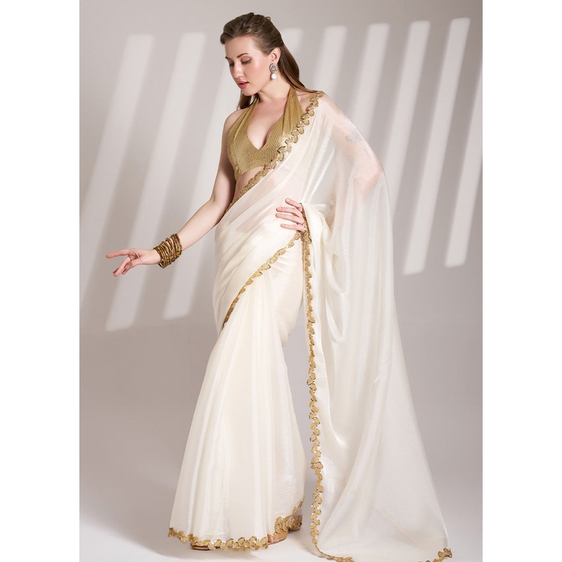 White Organza Saree With Blouse Piece - JD986587133