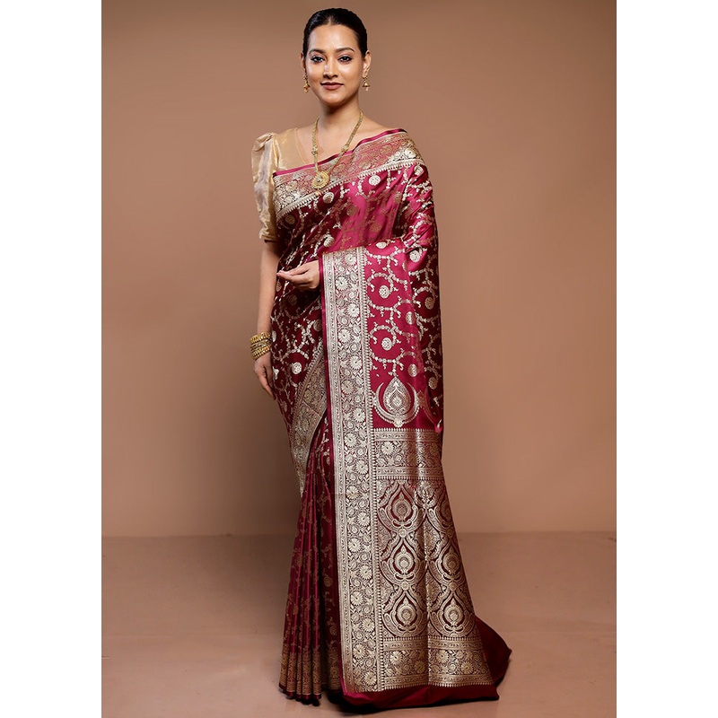 Wine Banarasi Silk Saree With Blouse Piece - JD986587211