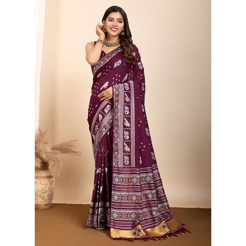 Wine Spun Silk Saree With Blouse Piece - JD986587239
