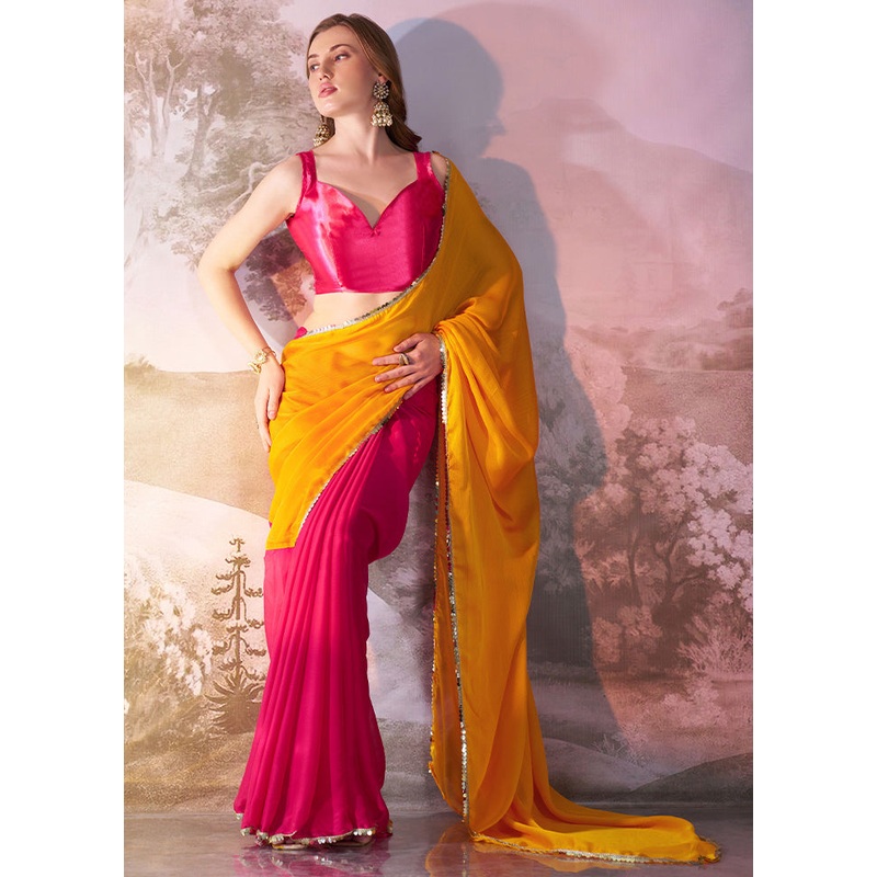 Yellow Chiffon Silk Saree With Blouse Piece - JD986587129