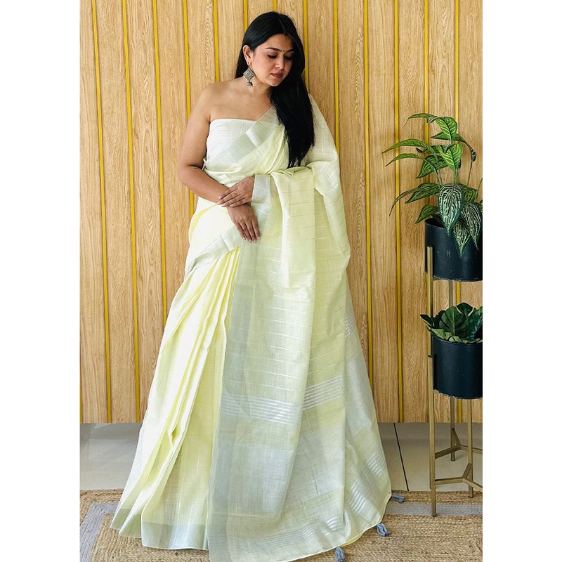 Yellow Linen Silk Saree With Blouse Piece - JD986587128