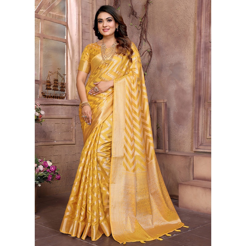Yellow Organza Saree With Blouse Piece - JD986587127