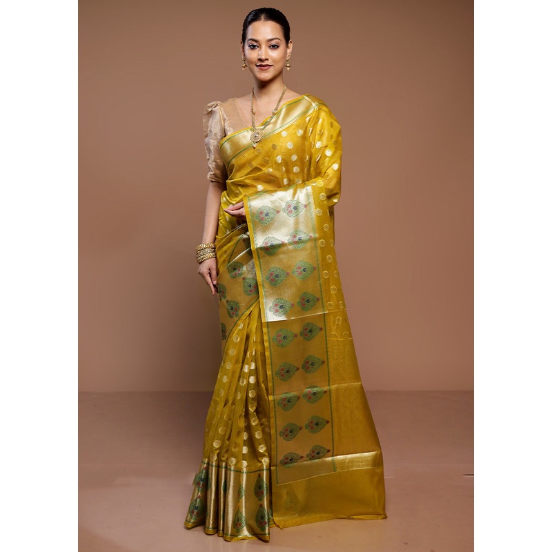 Yellow Organza Saree With Blouse Piece - JD986587209