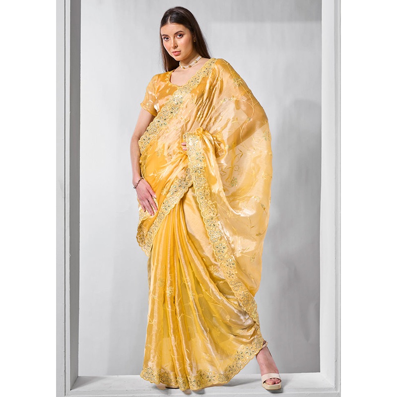 Yellow Spun Silk Saree With Blouse Piece - JD986587186