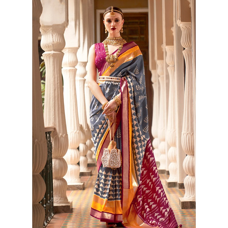 Grey Spun Silk Saree With Blouse Piece - JD986587022