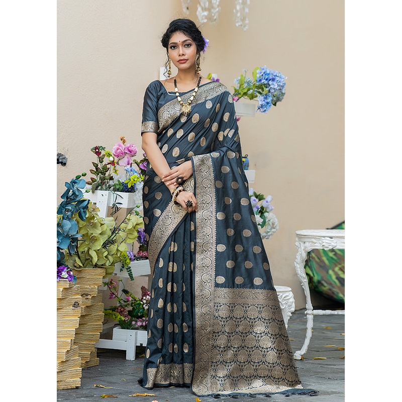 Grey Spun Silk Saree With Blouse Piece - JD986587024