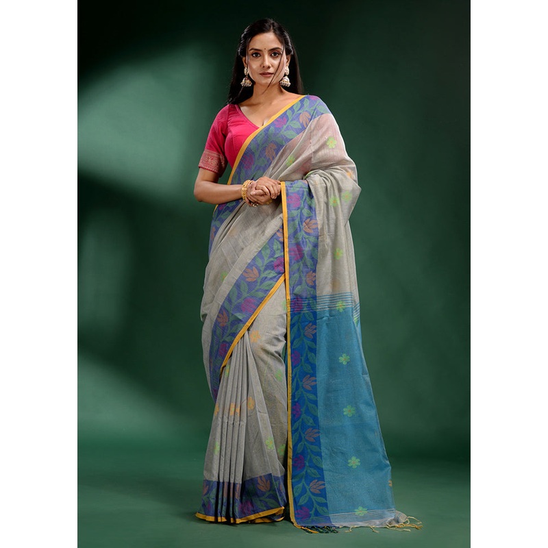 Grey Spun Silk Saree With Blouse Piece - JD986587025