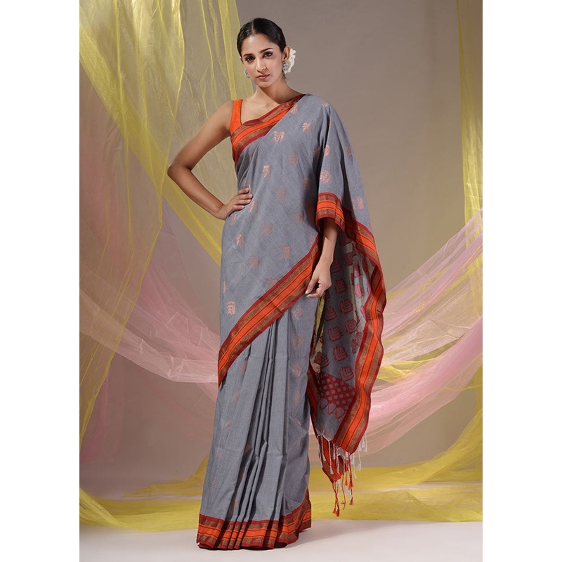 Grey Spun Silk Saree With Blouse Piece - JD986587027
