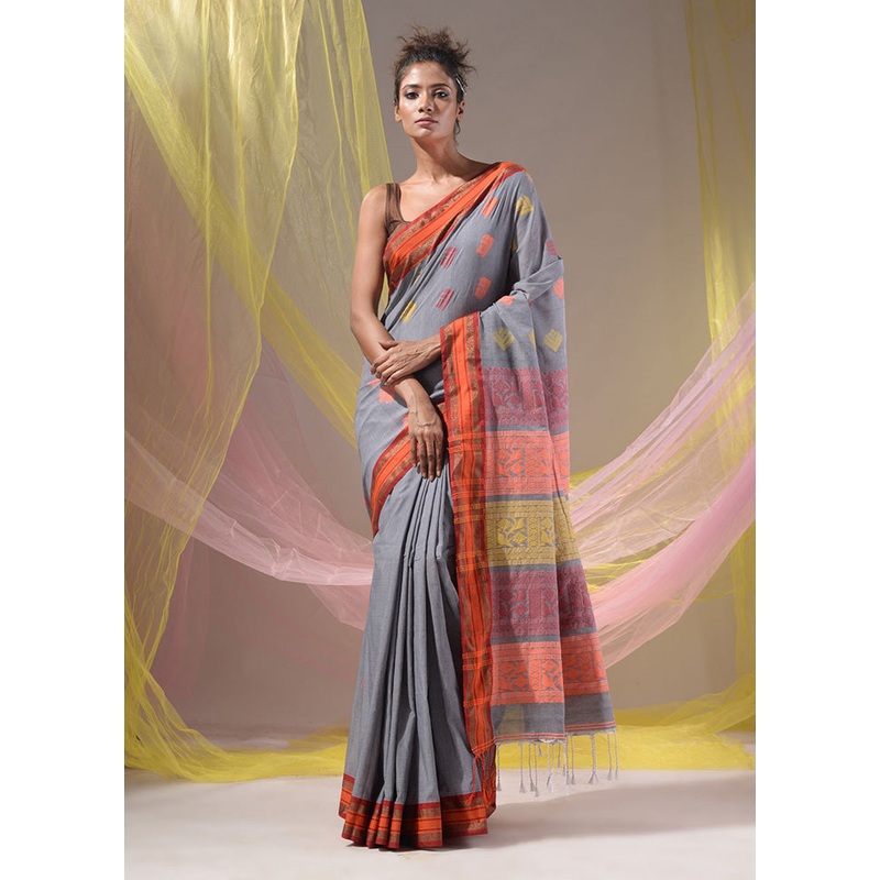 Grey Spun Silk Saree With Blouse Piece - JD986587028