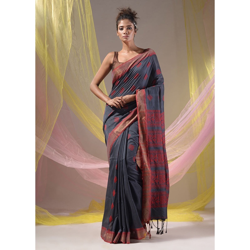 Grey Spun Silk Saree With Blouse Piece - JD986587029