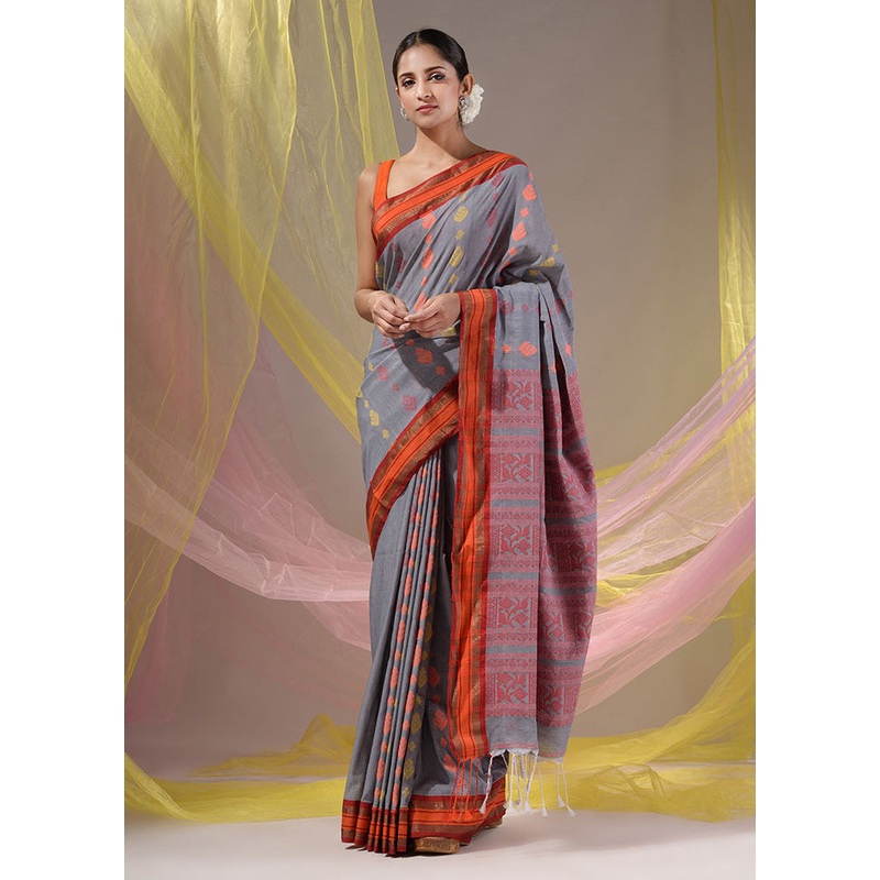 Grey Spun Silk Saree With Blouse Piece - JD986587030