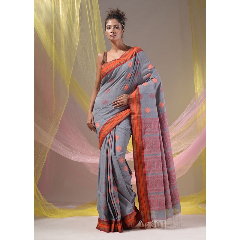 Grey Spun Silk Saree With Blouse Piece - JD986587031