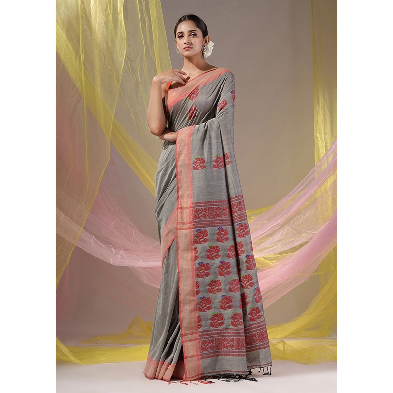 Grey Spun Silk Saree With Blouse Piece - JD986587032