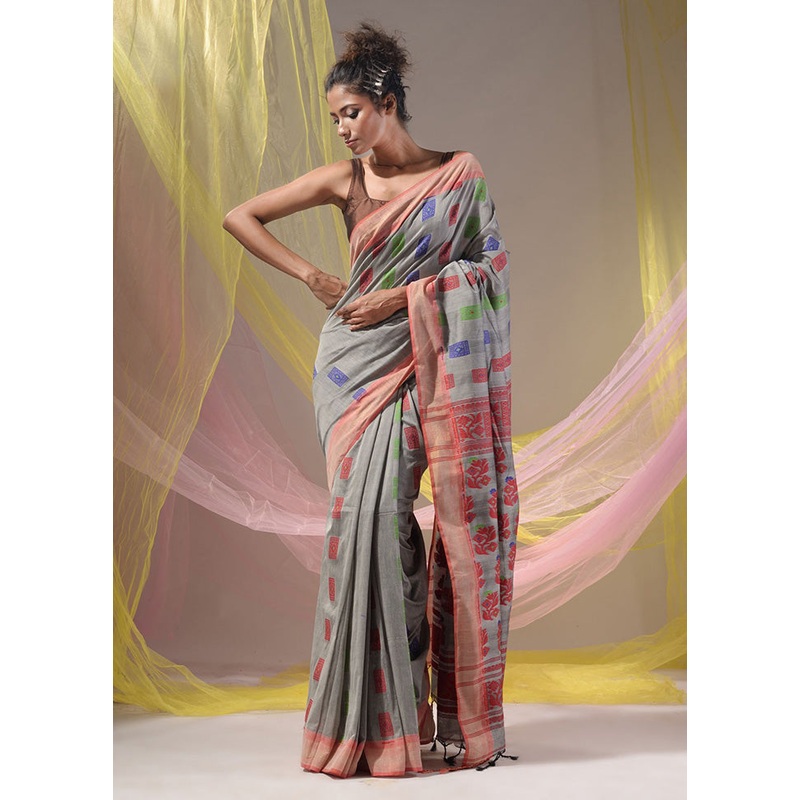 Grey Spun Silk Saree With Blouse Piece - JD986587033