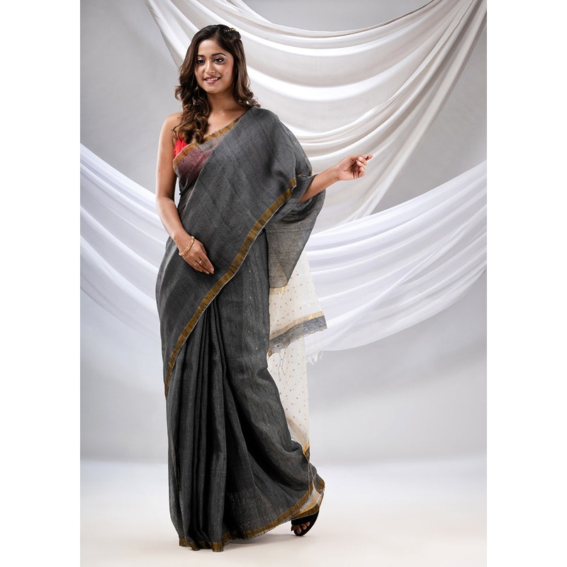 Grey Spun Silk Saree With Blouse Piece - JD986587035