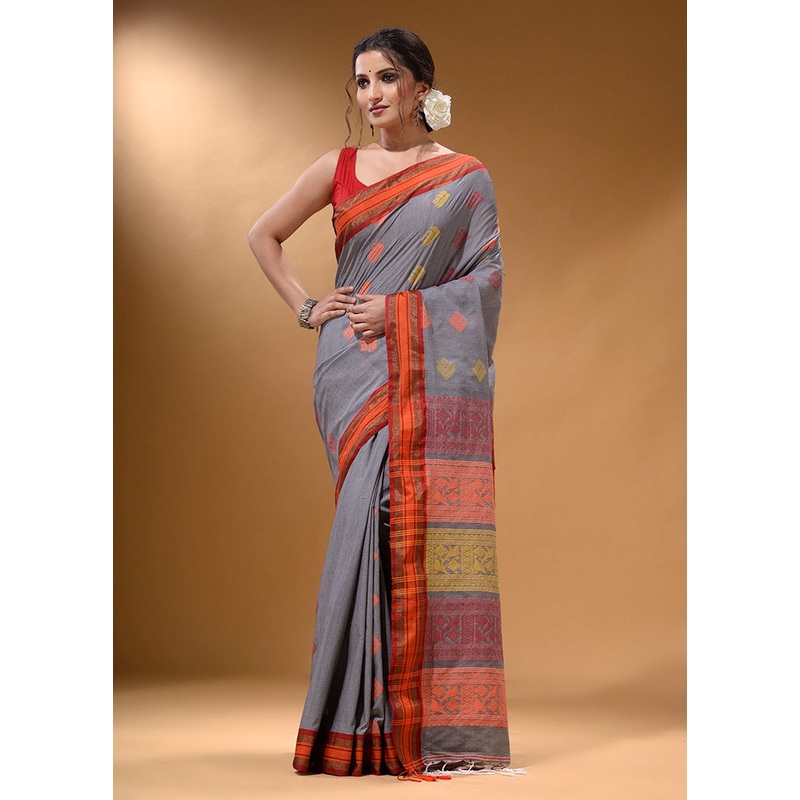 Grey Spun Silk Saree With Blouse Piece - JD986587037
