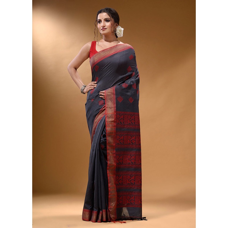 Grey Spun Silk Saree With Blouse Piece - JD986587038
