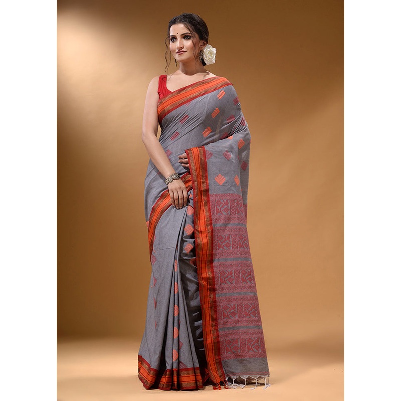 Grey Spun Silk Saree With Blouse Piece - JD986587040