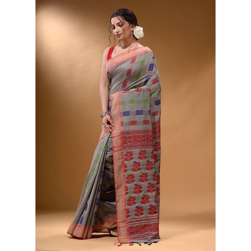 Grey Spun Silk Saree With Blouse Piece - JD986587042