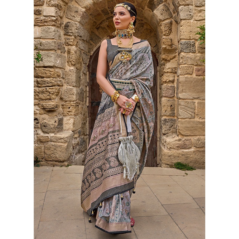 Grey Spun Silk Saree With Blouse Piece - JD986587047
