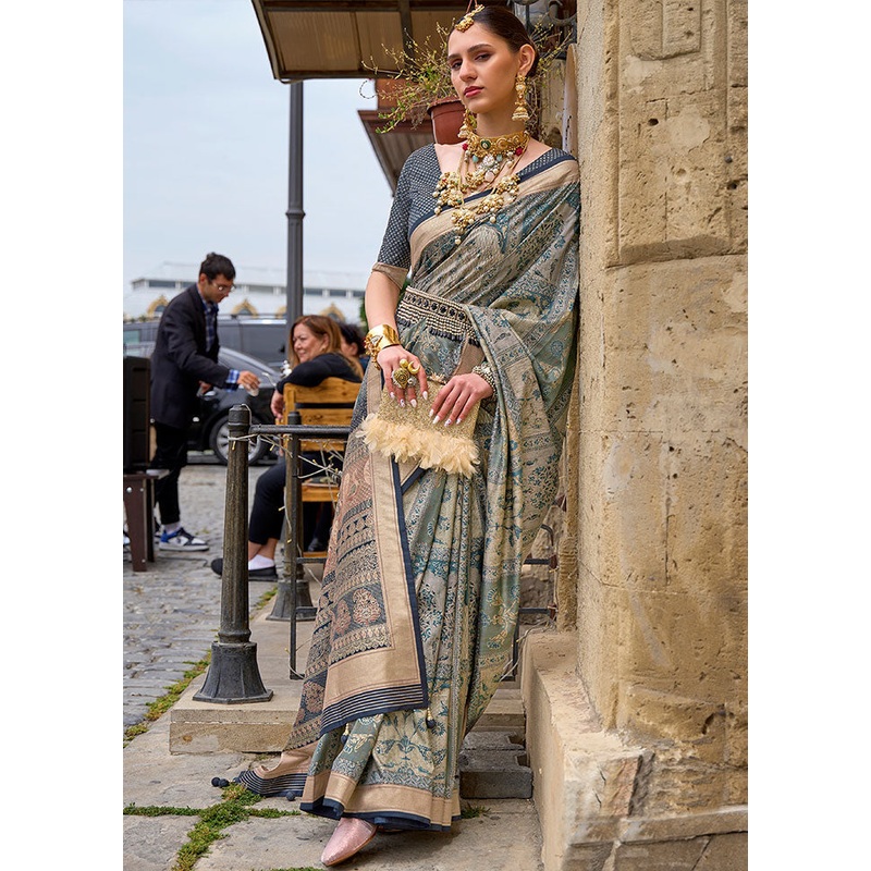 Grey Spun Silk Saree With Blouse Piece - JD986587048